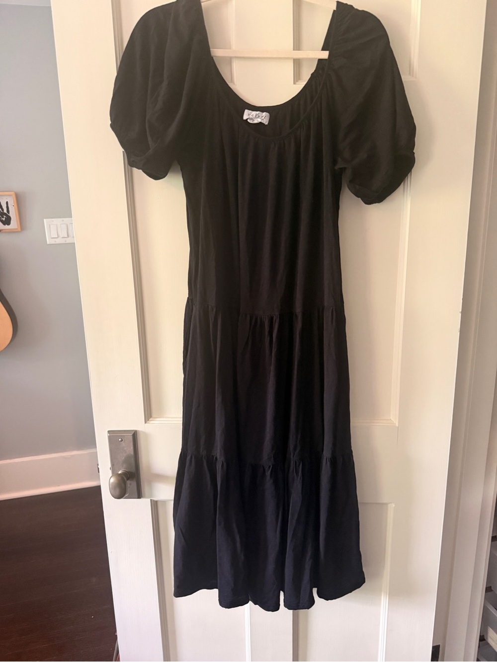 Velvet Black Puff-Sleeve Tiered Maxi Dress